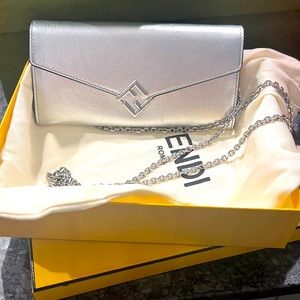 Silver, fendi wallet on a chain